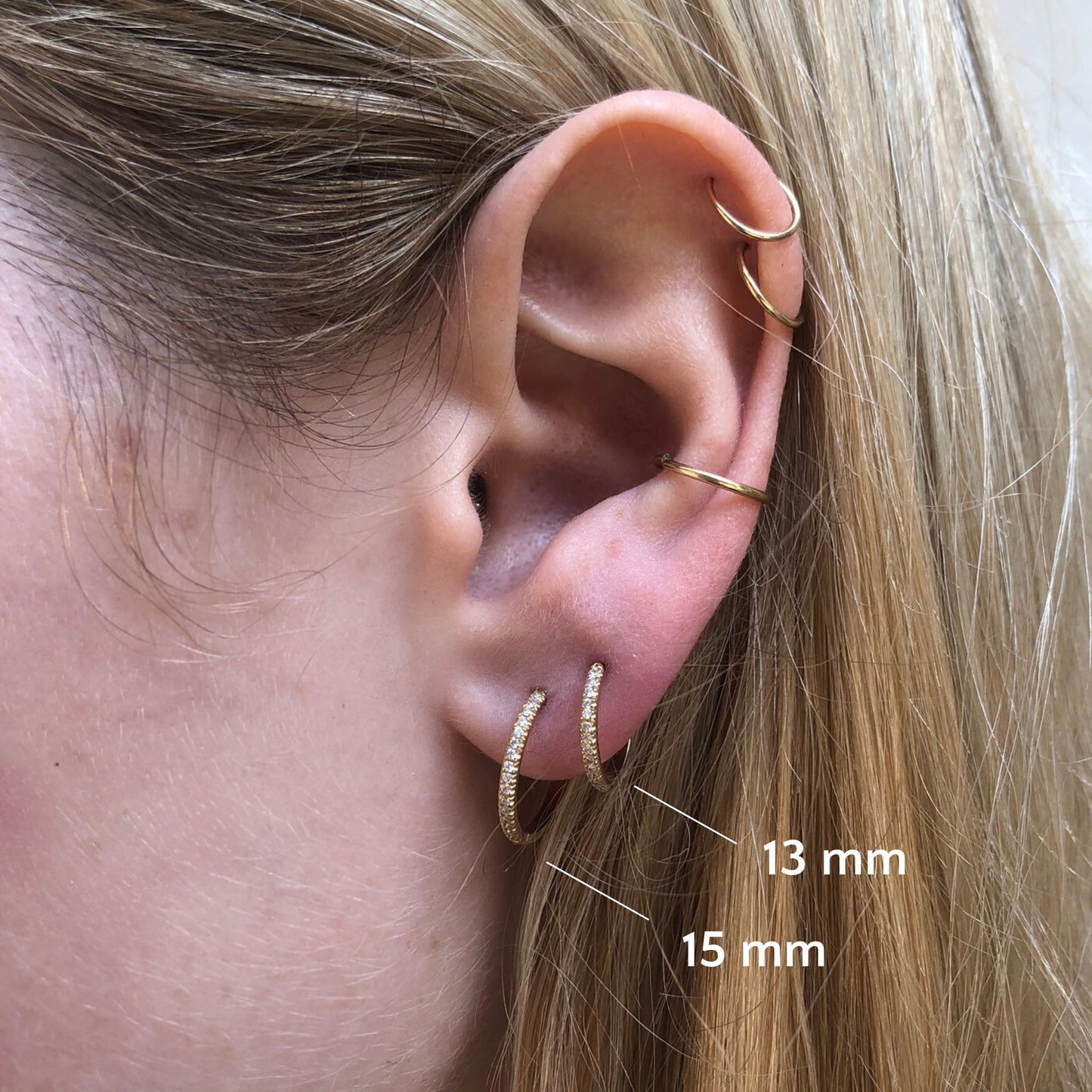 Rose Gold Huggie Hoop with Diamonds - 15 mm