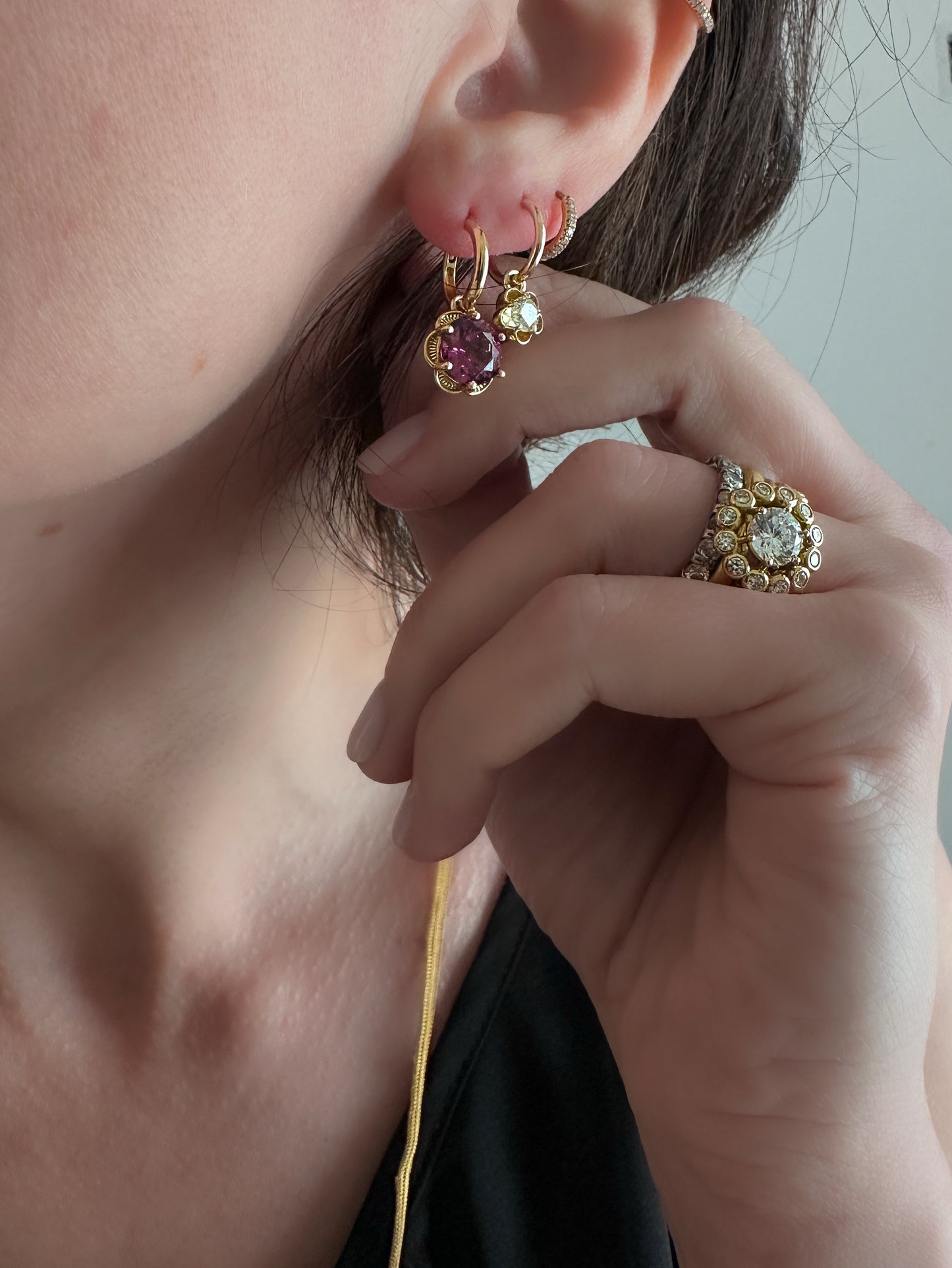 Art Flower Charm Hoops with Pink Garnet