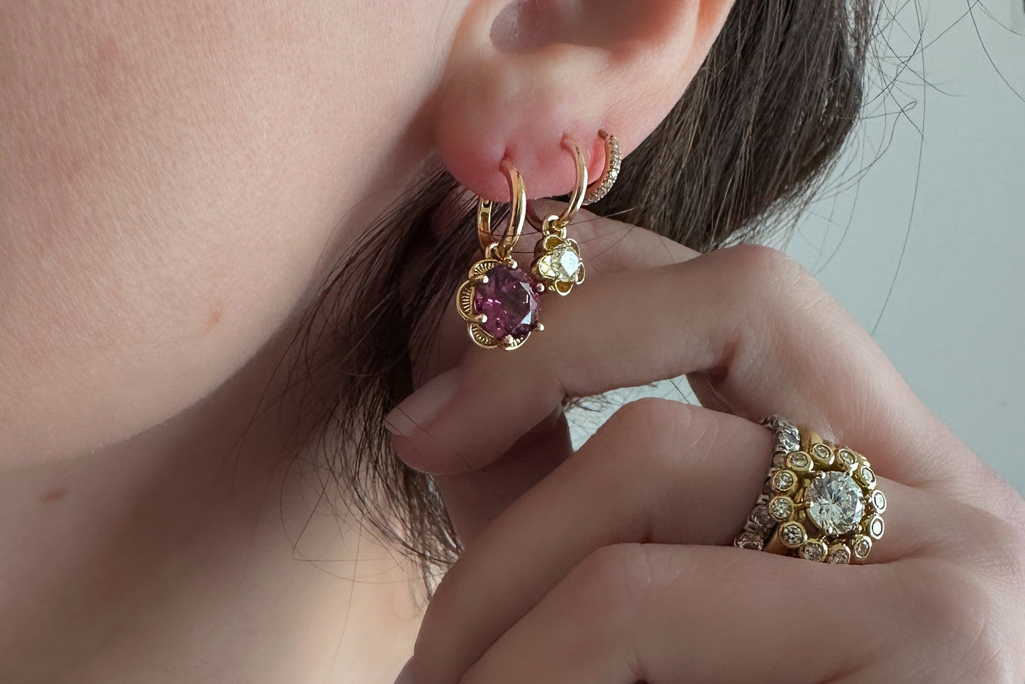 Art Flower Bloom Pink Garnet Hoop Earrings