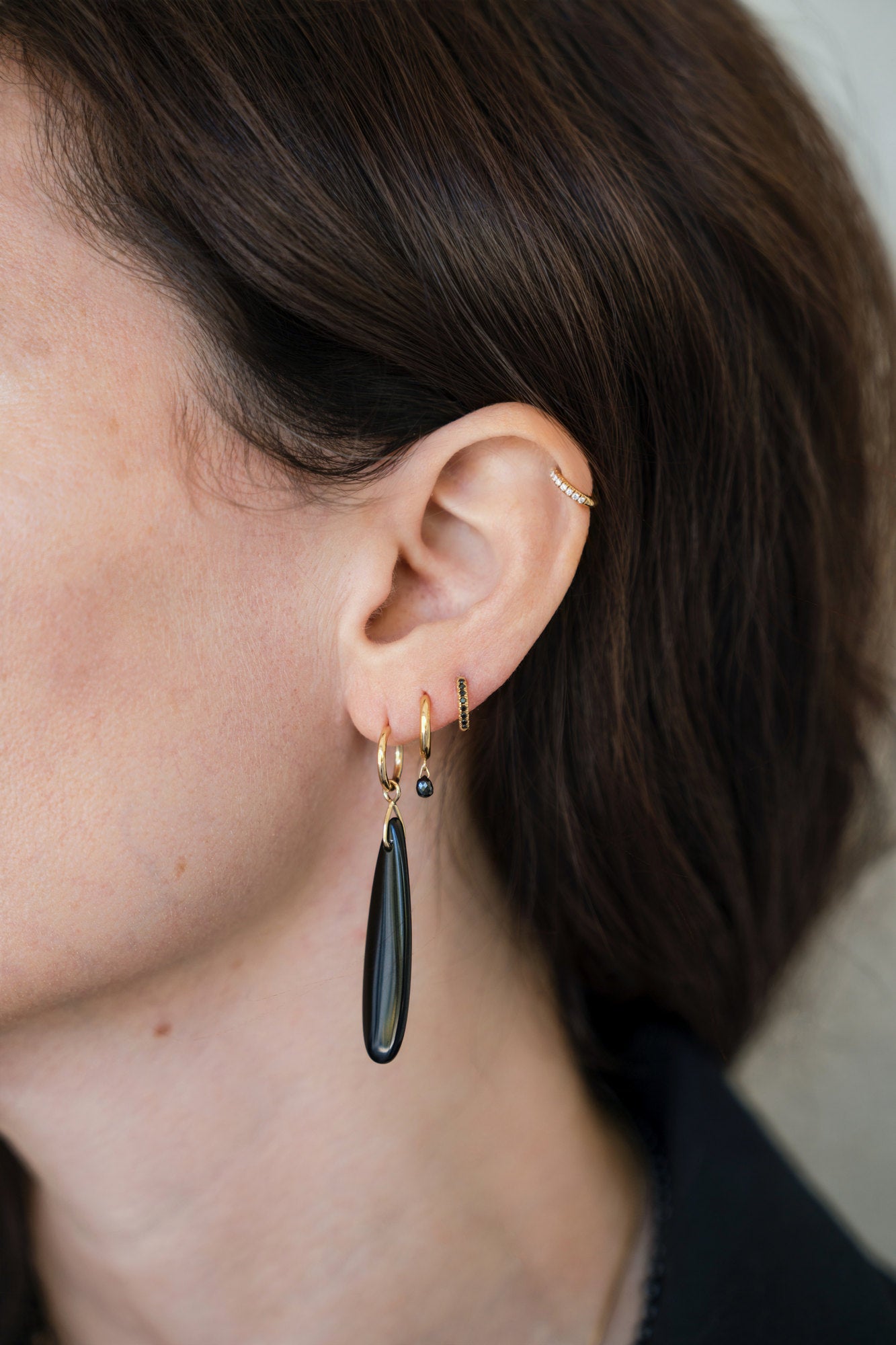 Black Onyx Teardrop Charm Hoops