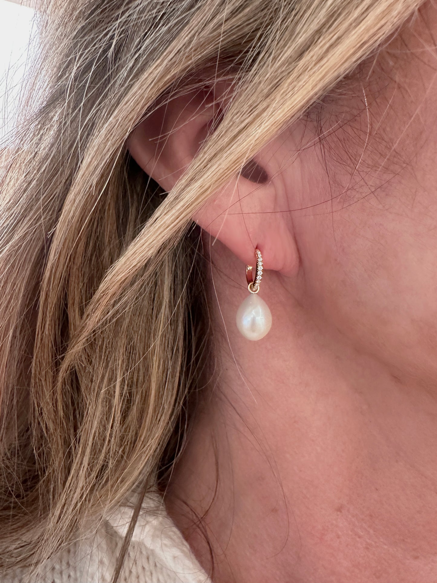 Teardrop Pearl Hoop Charms with Diamonds