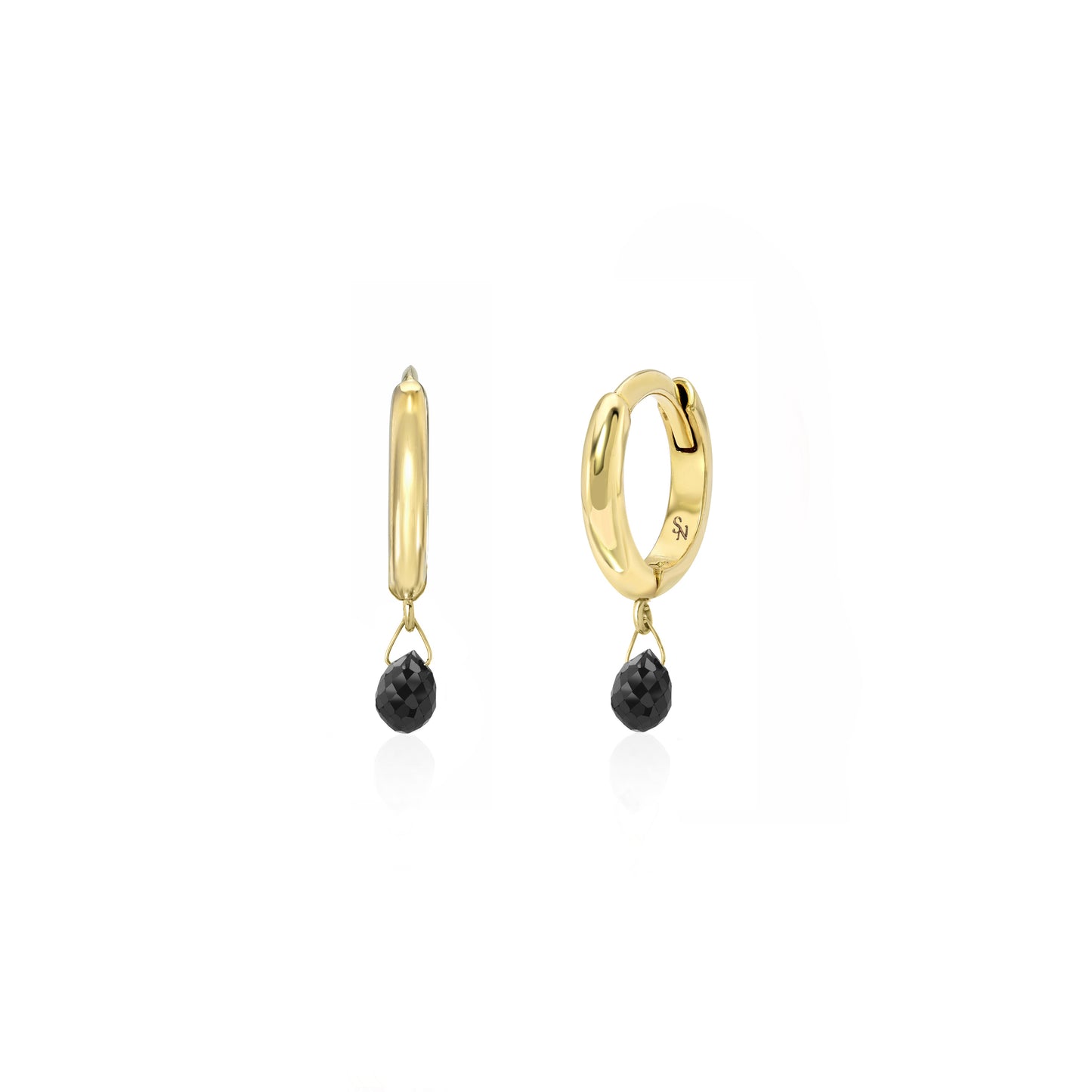 Huggie Hoop with Black Diamond Briolette - 9 mm