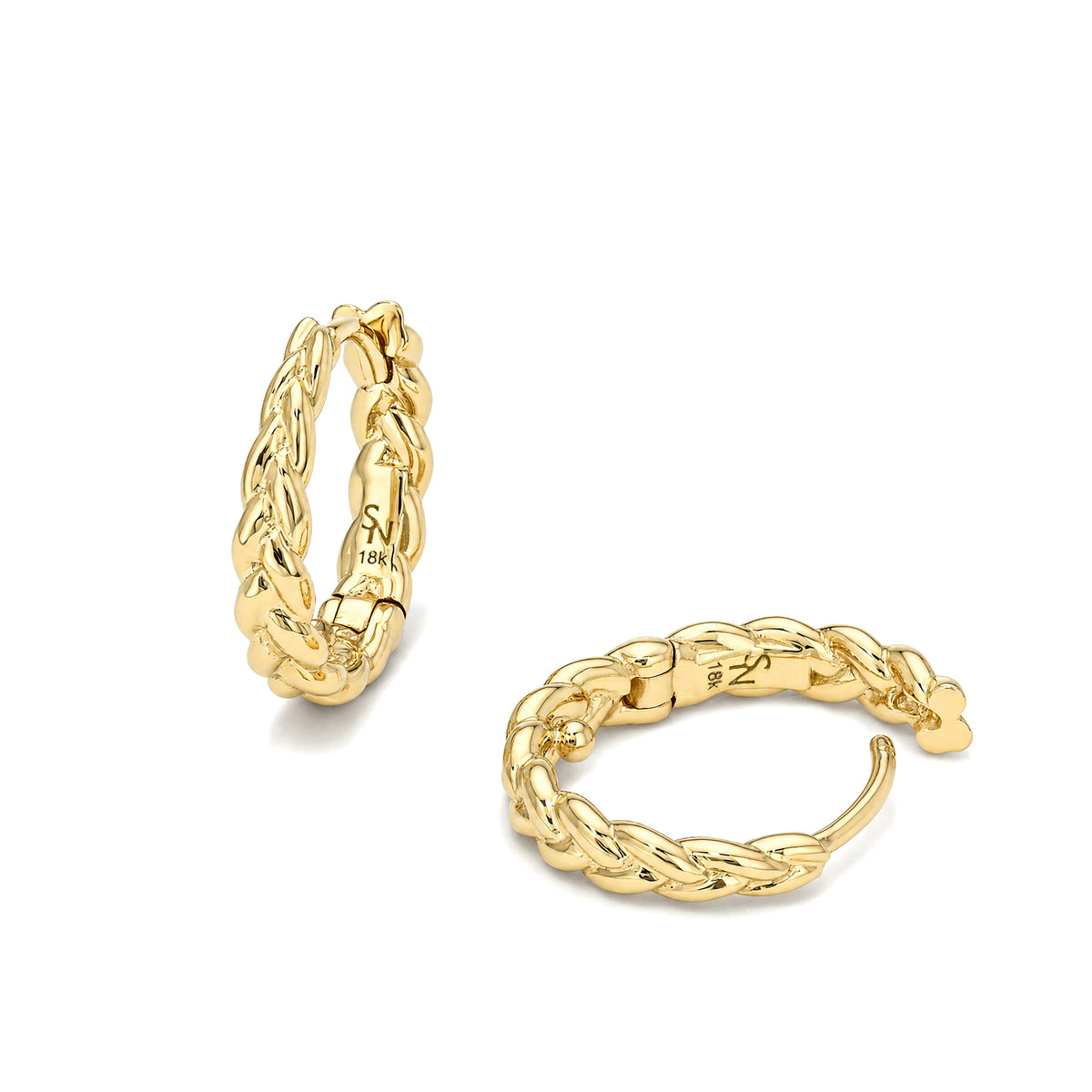Tapered braided hoops in 18K yellow gold showing hinged closure