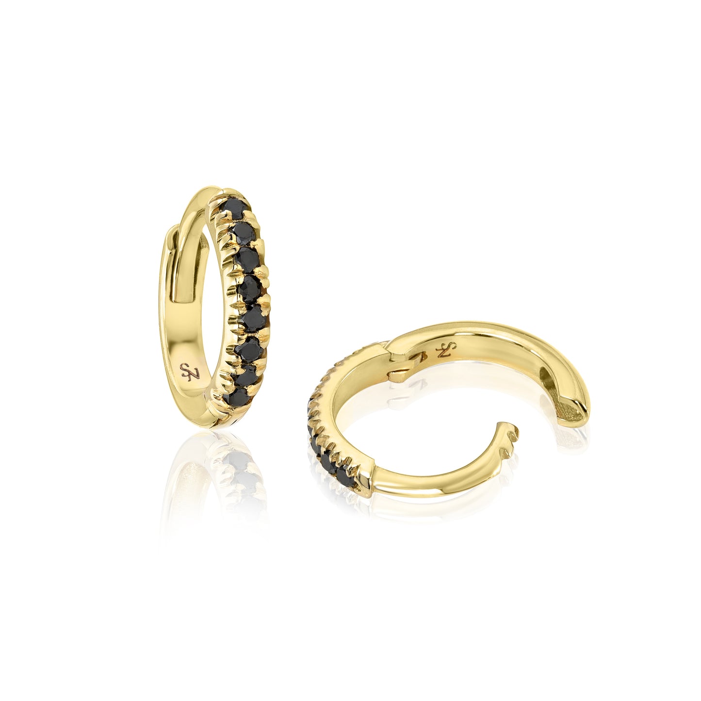 Huggie Hoop with Black Diamonds - 9 mm, Yellow Gold