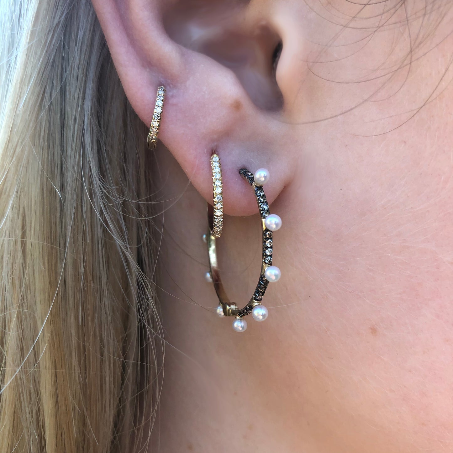 Pearl Hoops with Champagne Diamonds