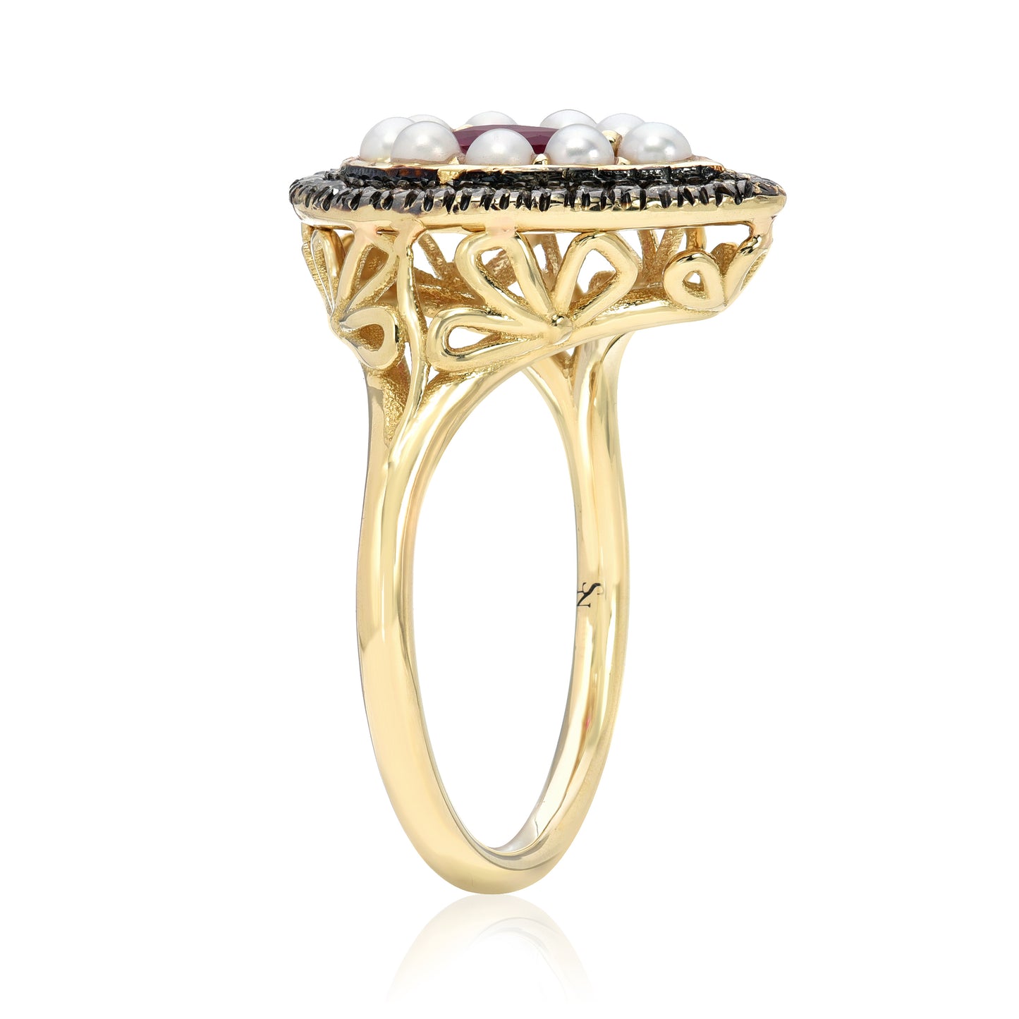 Cluster Ring with Ruby, Pearl and Champagne Diamonds