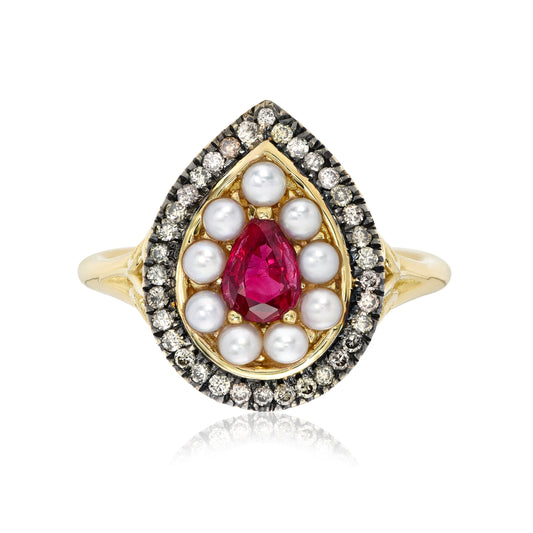 Cluster Ring with Ruby, Pearl and Champagne Diamonds